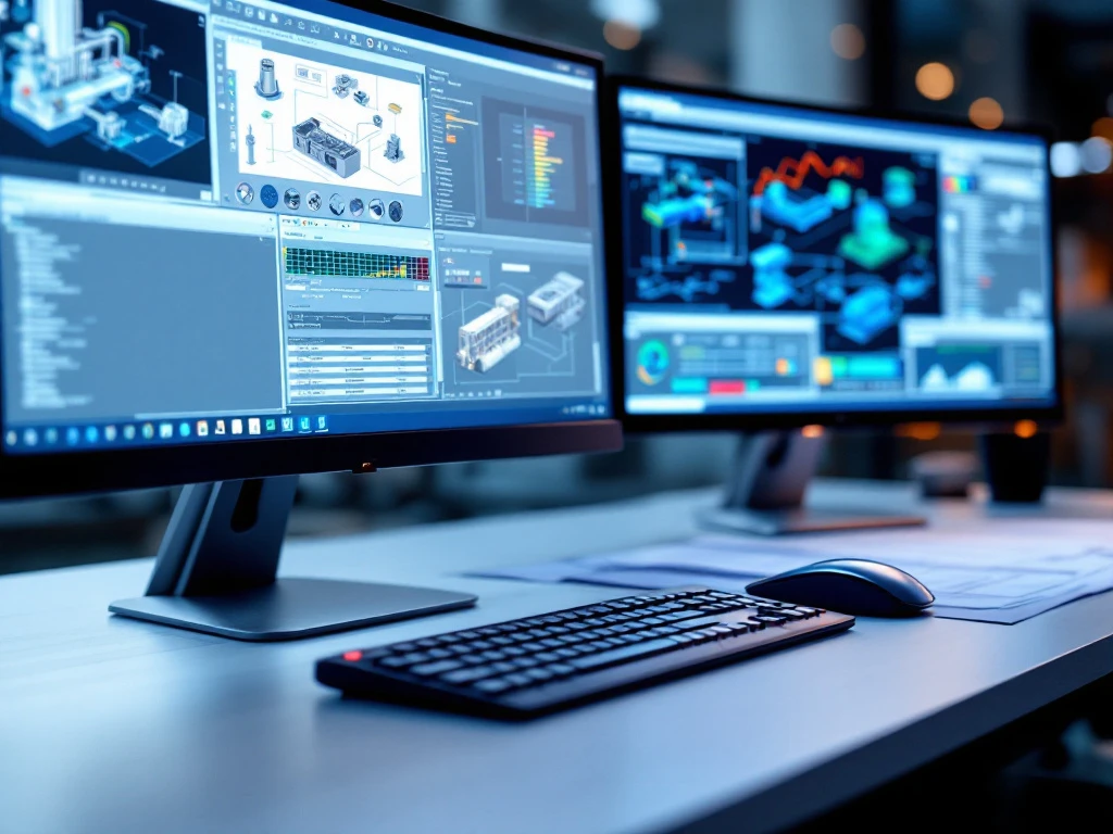 Moderne werkstation met twee monitoren die CAD-diagrammen en simulatiesoftware tonen, toetsenbord en muis op bureau