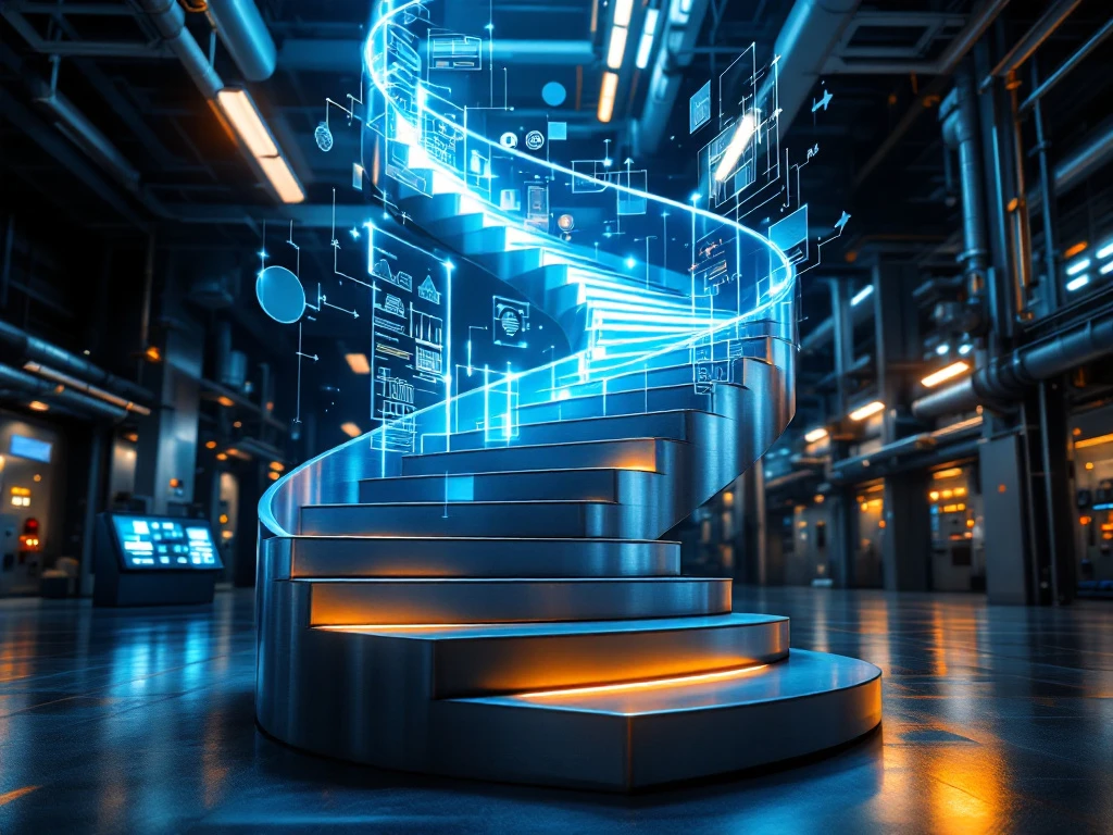 Spiraalvormige stalen trap symboliseert carrièregroei met zwevende technische tekeningen en industriële apparatuur op achtergrond