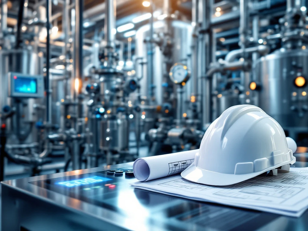 Moderne chemische verwerkingsfaciliteit met roestvrijstalen leidingen, veiligheidshelm en blauwdrukken op controlepaneel