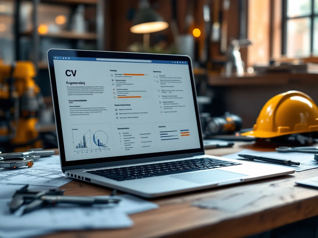 Laptop met CV-sjabloon op houten bureau omringd door technische tekeningen, helm en meetinstrumenten voor ingenieurs