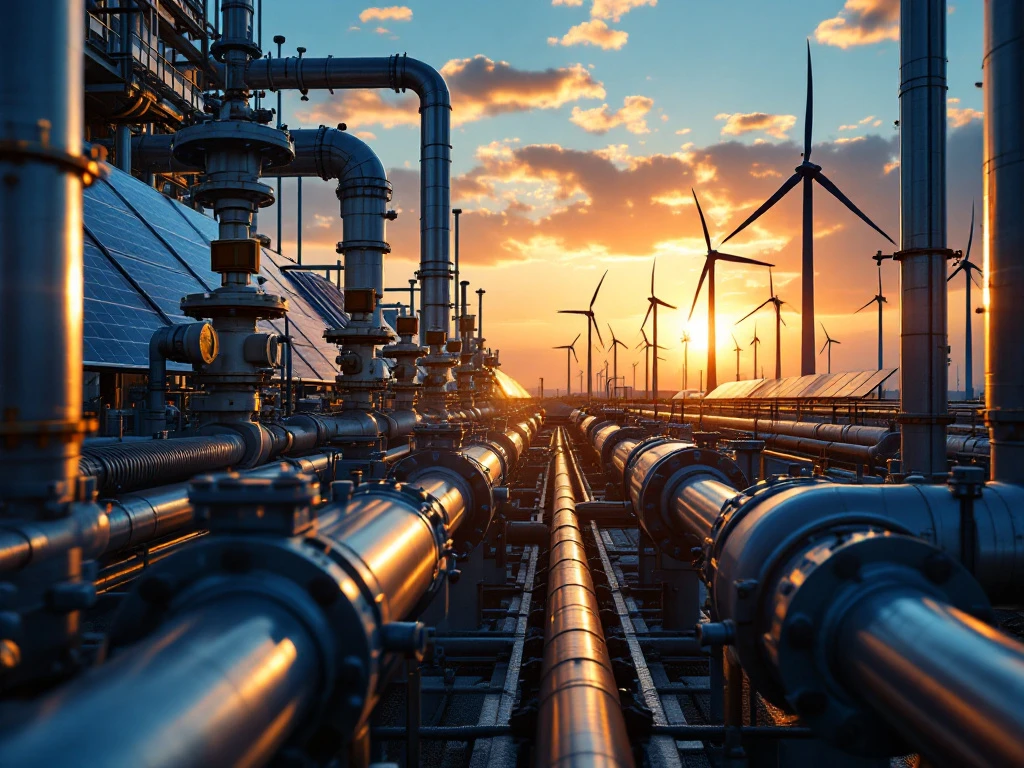 Industriële hernieuwbare energie-installatie met zonnepanelen, windturbines en procesapparatuur tijdens gouden uur