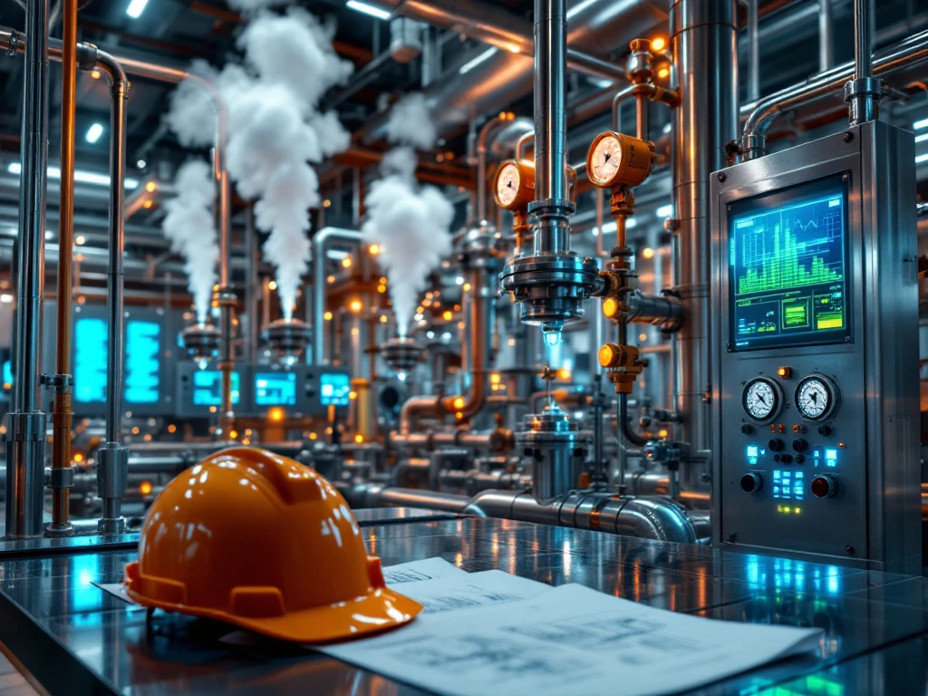 Industriële chemische fabriek met roestvrijstalen leidingen, stoomwolken, digitale controlepanelen en bouwhelm op bureau