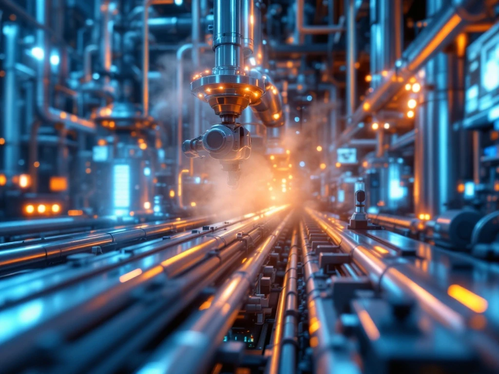 Futuristische industriële fabriek met robotica, holografische bedieningspanelen en geavanceerde automatiseringssystemen