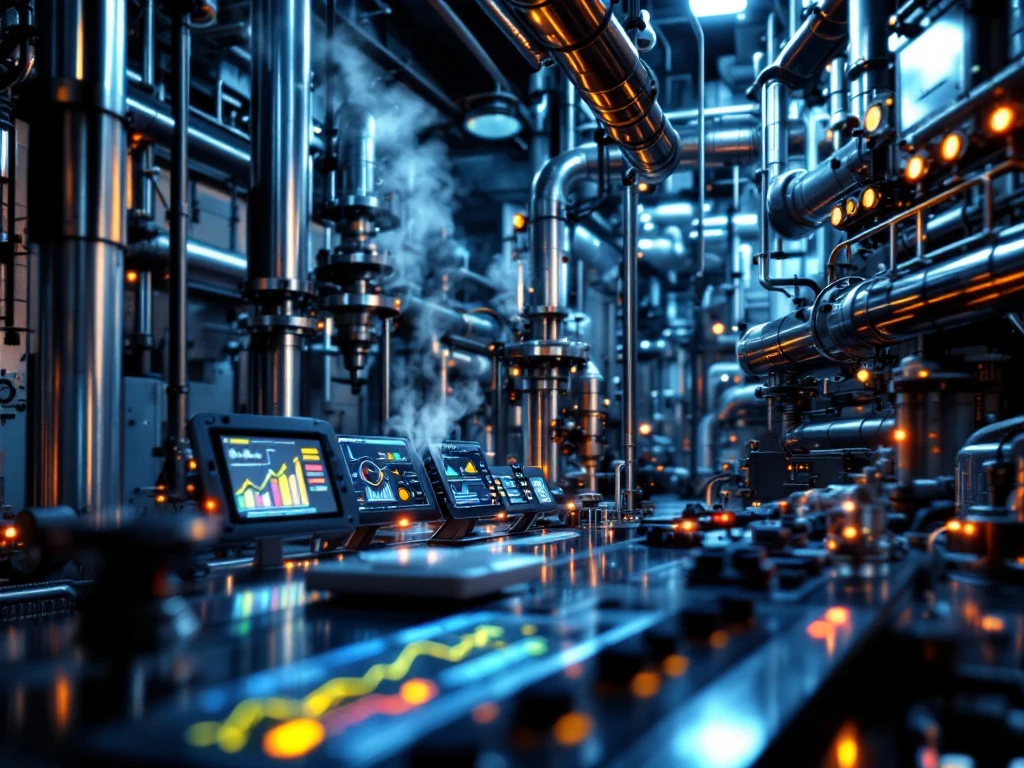 Industriële controlekamer met roestvrij stalen leidingen, digitale monitoren en tablet met procesdiagrammen