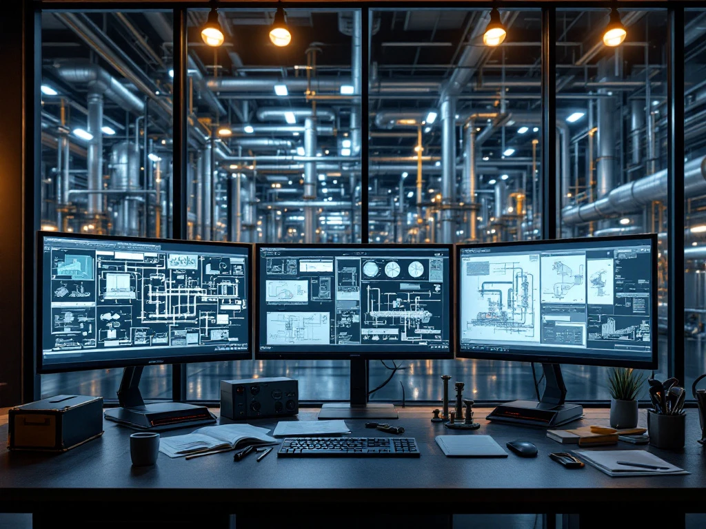 Moderne industriële controlekamer met monitoren, CAD-werkstation en fabricagefaciliteit op de achtergrond