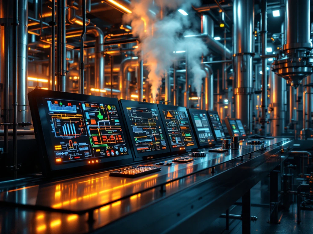 Moderne industriële controlekamer met roestvrijstalen leidingen, digitale monitorschermen en verlichte bedieningspanelen