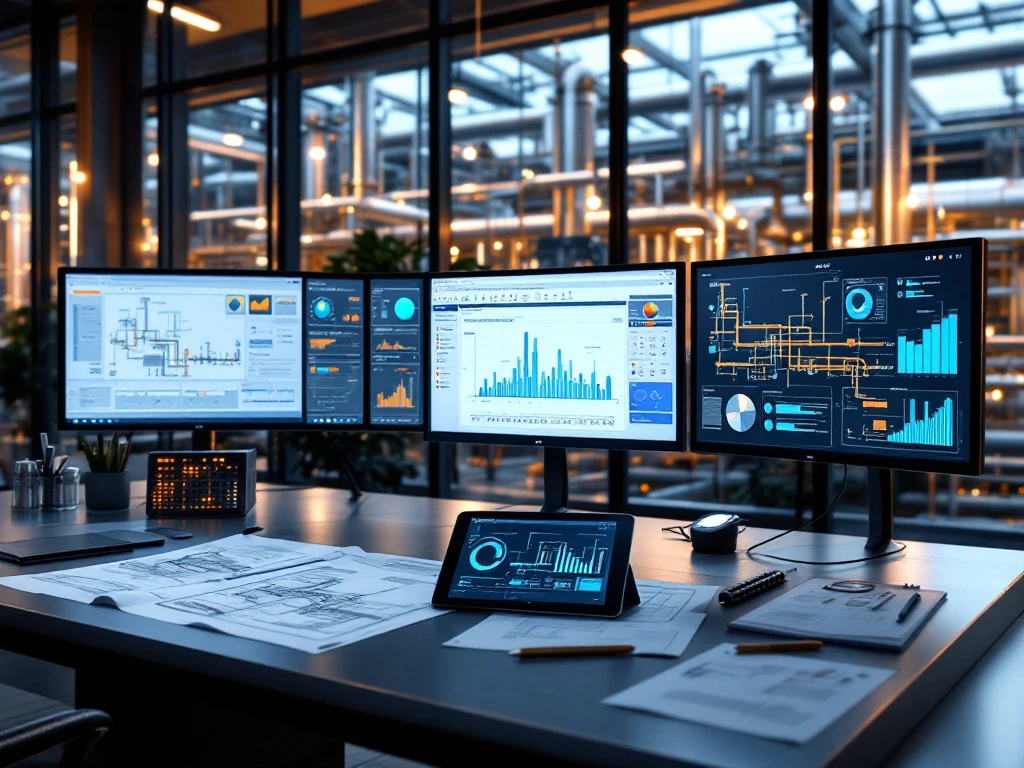 Moderne industriële controlekamer met computermonitoren, technische tekeningen en overzicht van productiefaciliteit