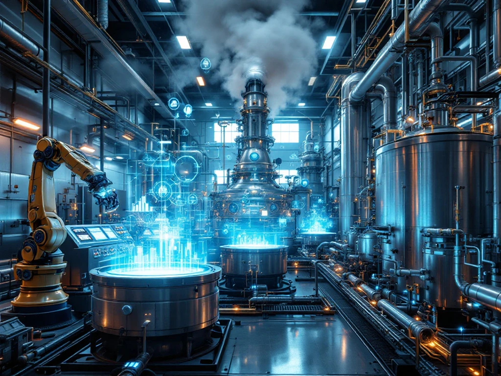 Moderne industriële faciliteit met AI-robotarmen, holografische displays en IoT-sensoren in stalen procesinstallatie