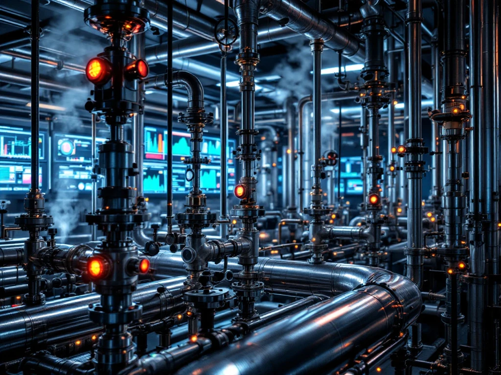 Complexe industriële procesapparatuur met stalen leidingen, drukmeter en kleppen, met stoom en waarschuwingslichten