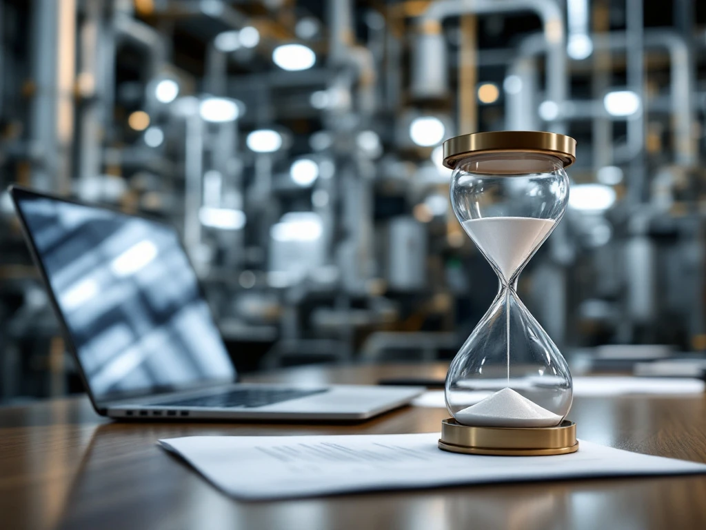 Zandloper op conferentietafel met laptop en documenten, industriële faciliteit met stalen buizen op achtergrond