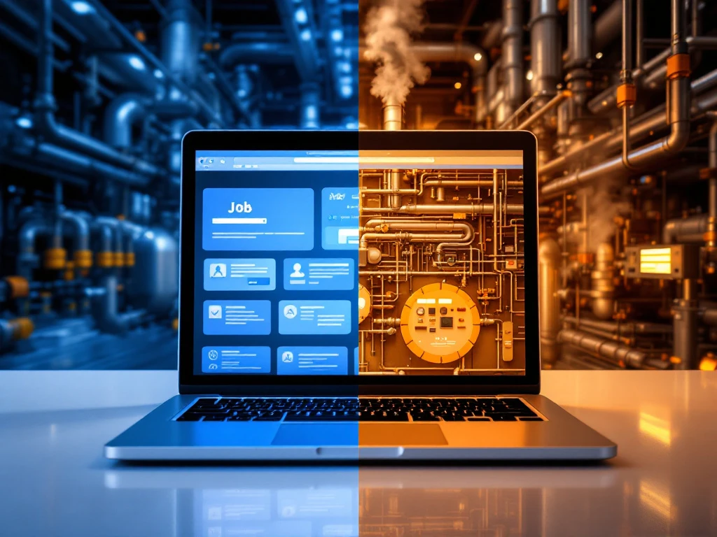 Laptop met vacaturesites naast industriële procesapparatuur met pijpen en controlepanelen voor process engineering