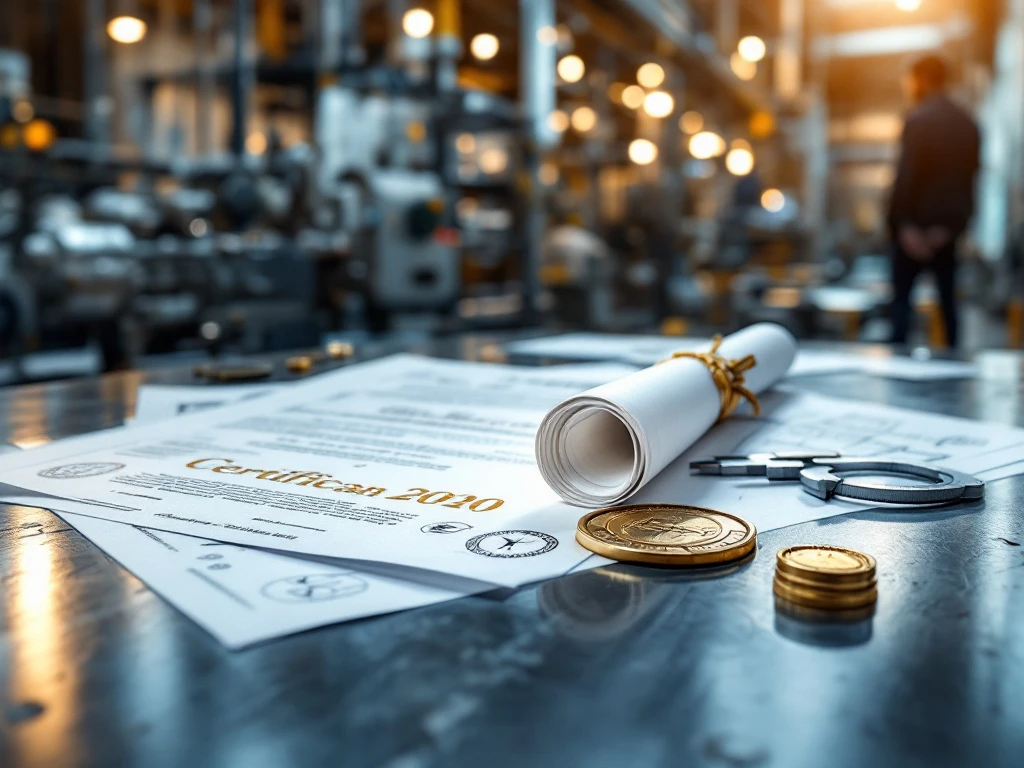 Certificaten en diploma's met gouden zegels op industriële metalen ondergrond met technische tekeningen op achtergrond