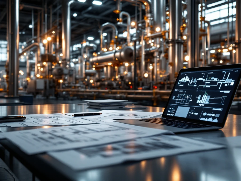 Moderne industriële faciliteit met stalen leidingen en procesapparatuur, technische blauwdrukken op bureau met laptop