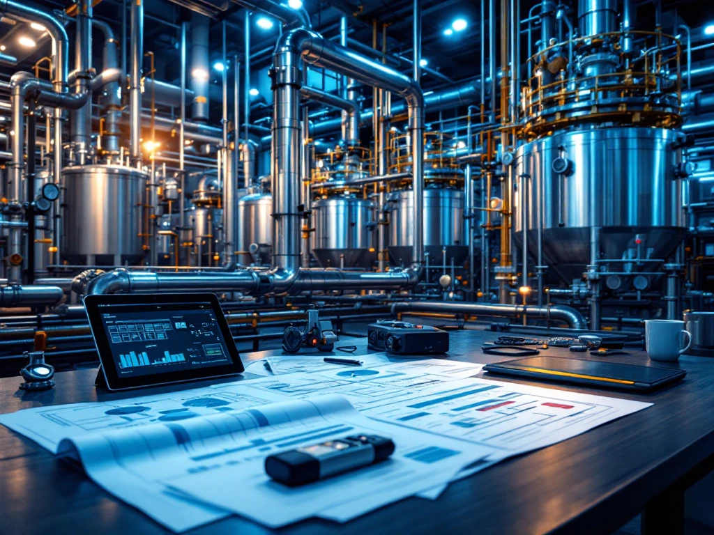 Industriële procesinstallatie met stalen leidingen en technische blauwdrukken op bureau, professionele engineeringomgeving