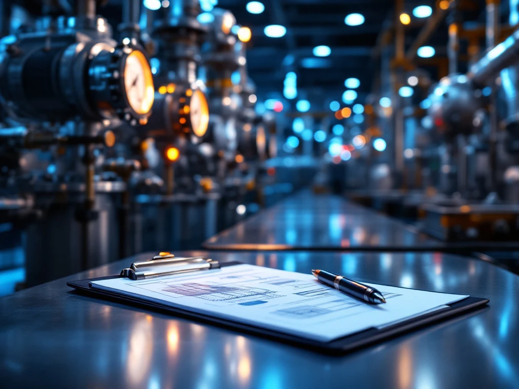 Klembord met technische blauwdrukken op gepolijst metaal in moderne industriële engineeringfaciliteit met stalen buizen