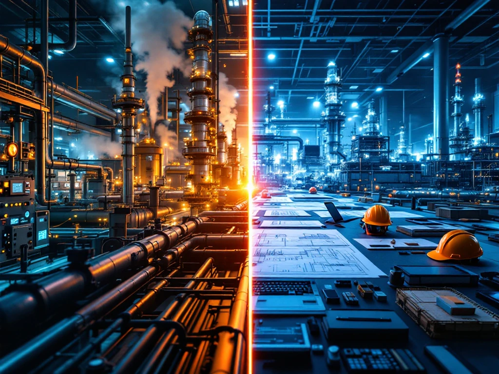 Gesplitst scherm toont processingenieur werkplek met industriële leidingen links en projectingenieur bureau met blauwdrukken rechts