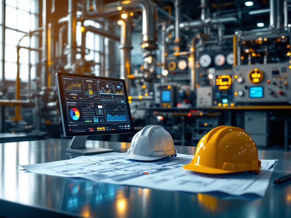 Moderne procescontroleruimte met roestvrijstalen leidingen, digitale monitoren en technische blauwdrukken op bureau