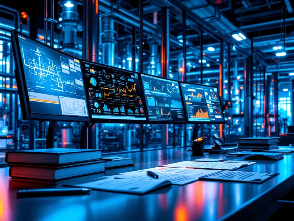 Geavanceerde procesengineering trainingsruimte met controlekamer, monitoren, technische handboeken en industriële apparatuur