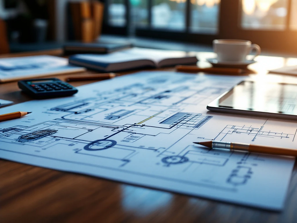Technische tekeningen van industriële leidingsystemen op houten bureau met rekenmachine, potloden en tablet