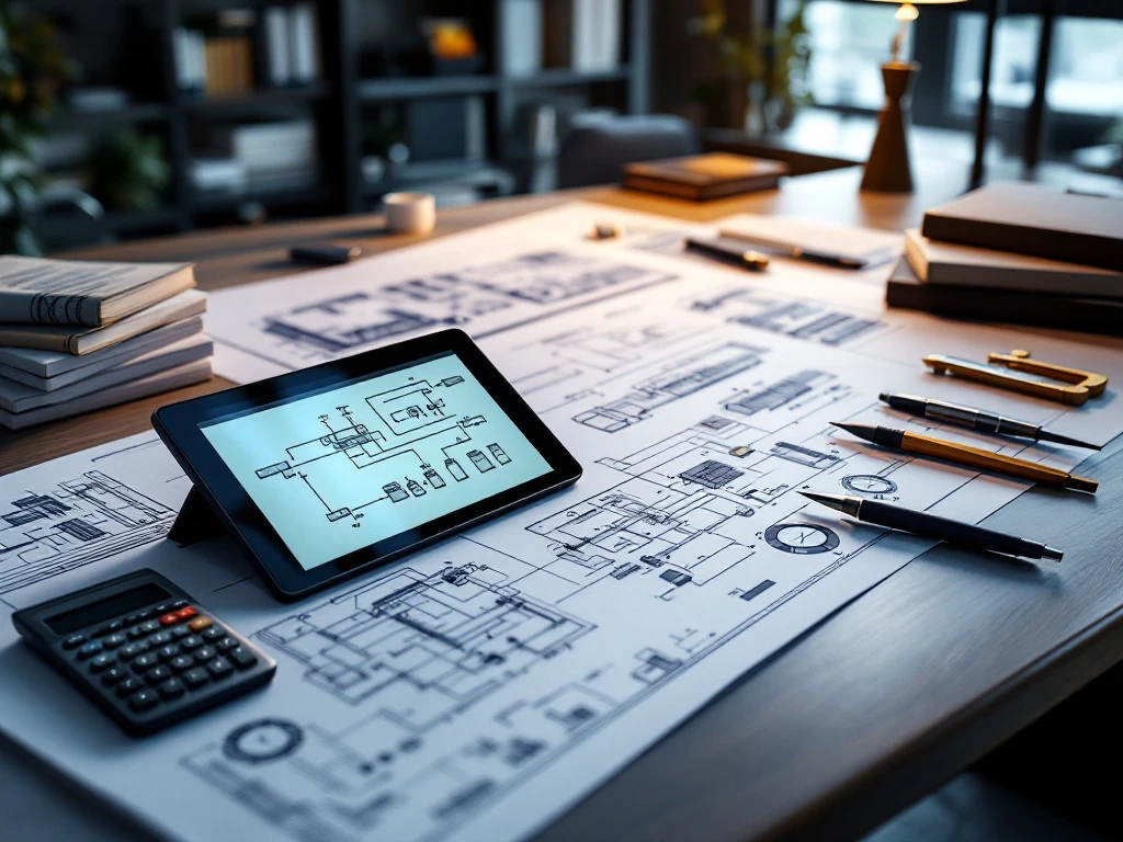 Technische tekeningen en blauwdrukken op bureau met tablet, rekenmachine en meetinstrumenten in modern kantoor