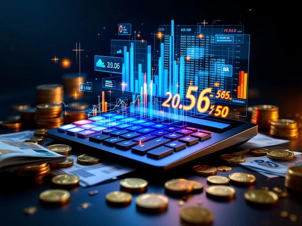 Moderne rekenmachine met blauwe LED-display omgeven door holografische grafieken, munten en bankbiljetten voor financiële berekeningen