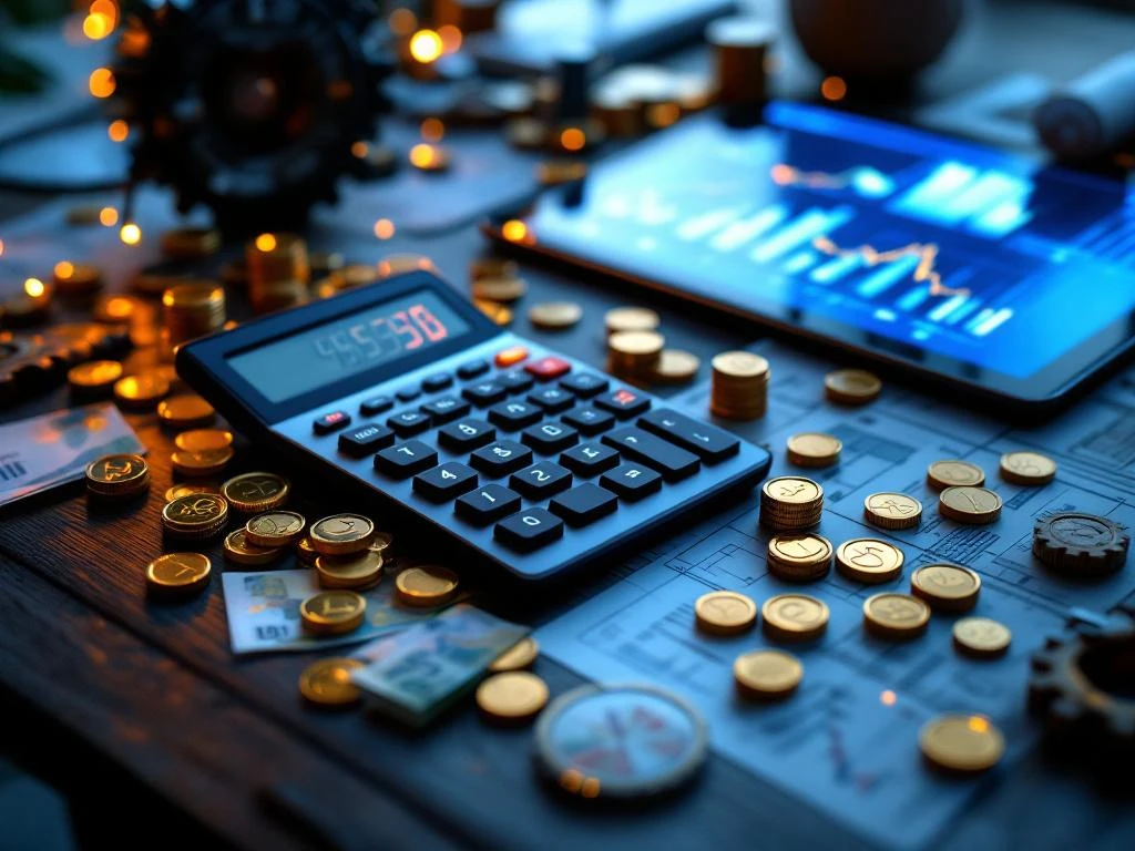 Calculator met gouden munten en eurobiljetten op donker houten bureau met financiële grafieken en technische documenten