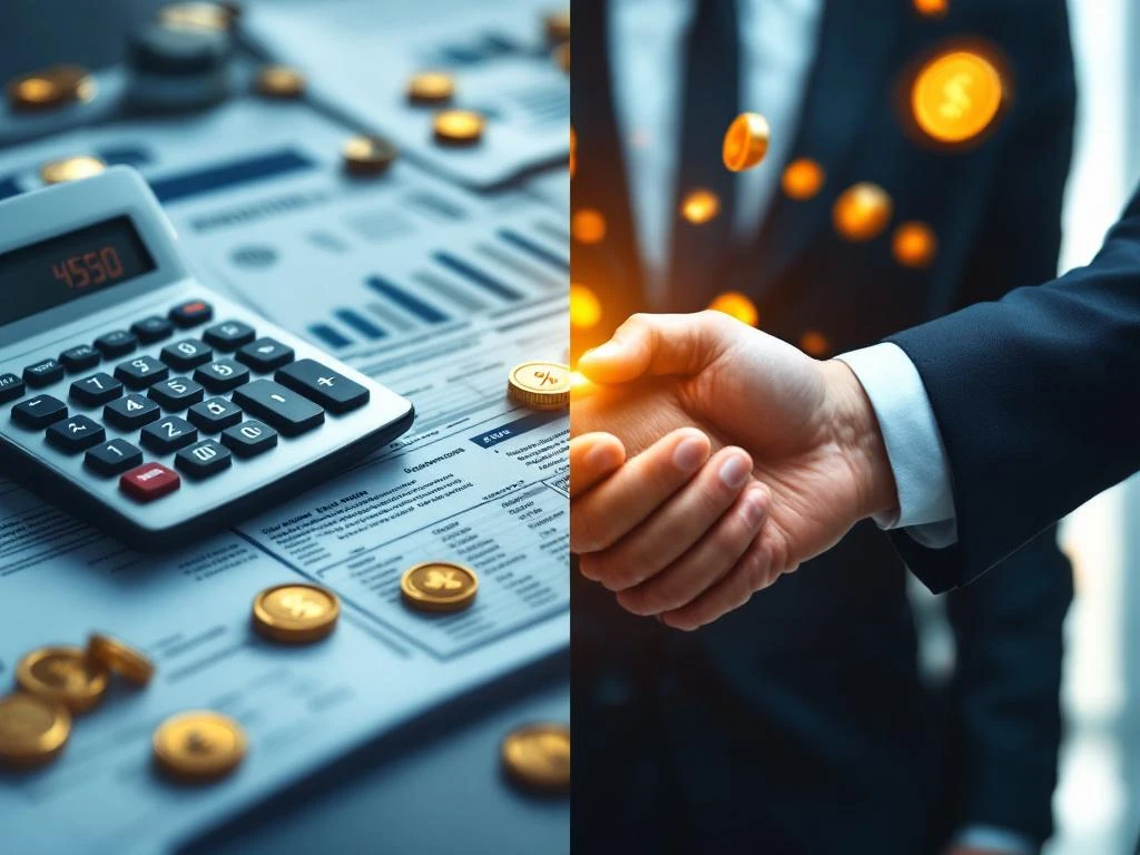 Splitscreen van calculator met euro bedragen en belastingdocumenten links, handdruk met gouden munten rechts