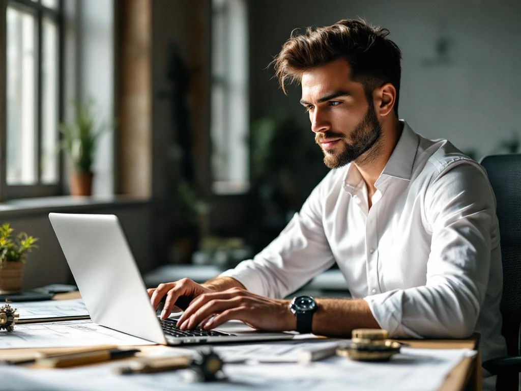 Professionele werktuigbouwkundig ingenieur bekijkt technische tekeningen aan bureau met laptop en gereedschap