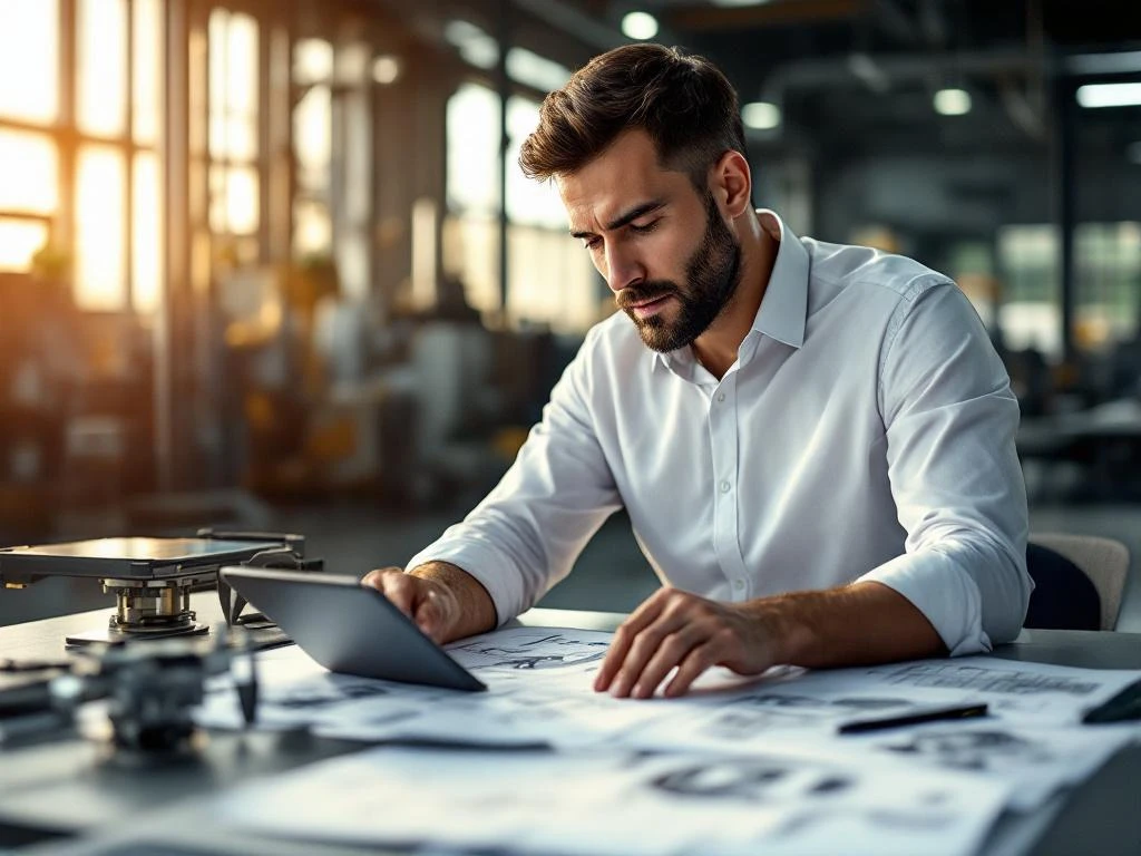 Werktuigbouwkundig ingenieur bestudeert technische tekeningen aan bureau met meetinstrumenten en CAD-software op tablet
