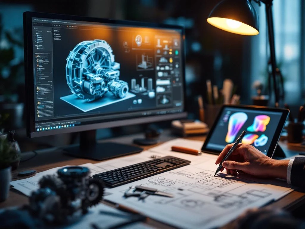 Ingenieur werkt aan CAD-werkstation met 3D mechanische assemblage op monitor, technische tekeningen en gereedschap op bureau