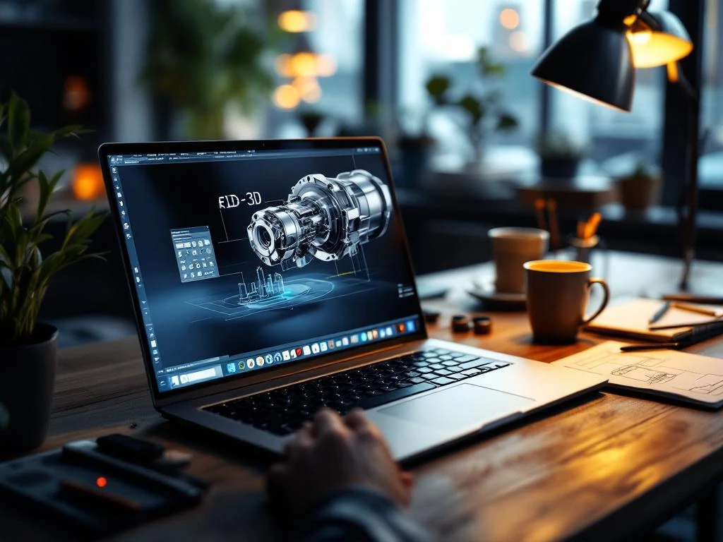 Laptop met CAD-software en 3D mechanisch onderdeel op ingenieurswerkplek met tekengereedschap en koffiekopje