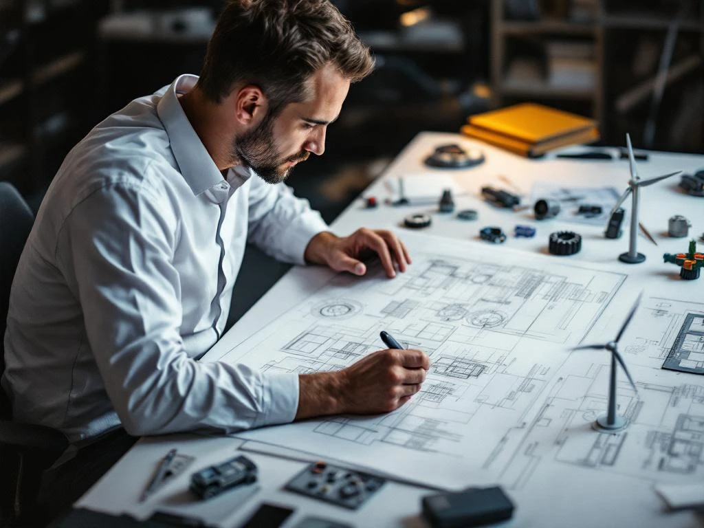 Werktuigbouwkundig ingenieur bestudeert technische blauwdrukken aan tekentafel met industriële modellen op achtergrond