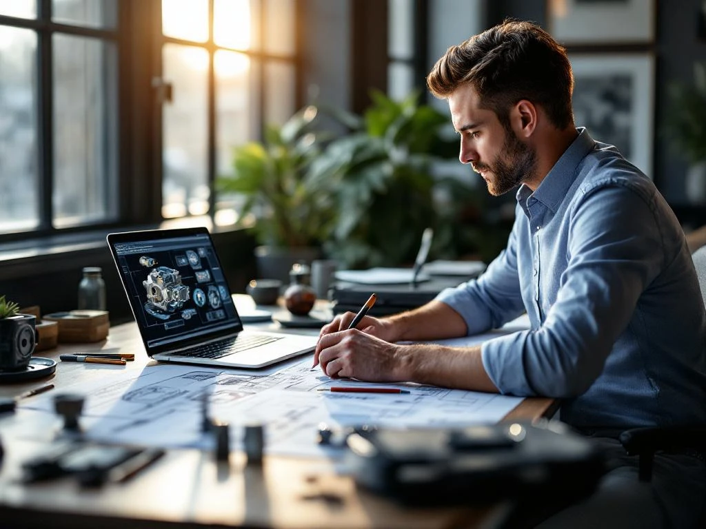 Professionele werktuigbouwkundige werkt aan technische tekeningen en CAD-ontwerpen op modern tekentafel in kantoor