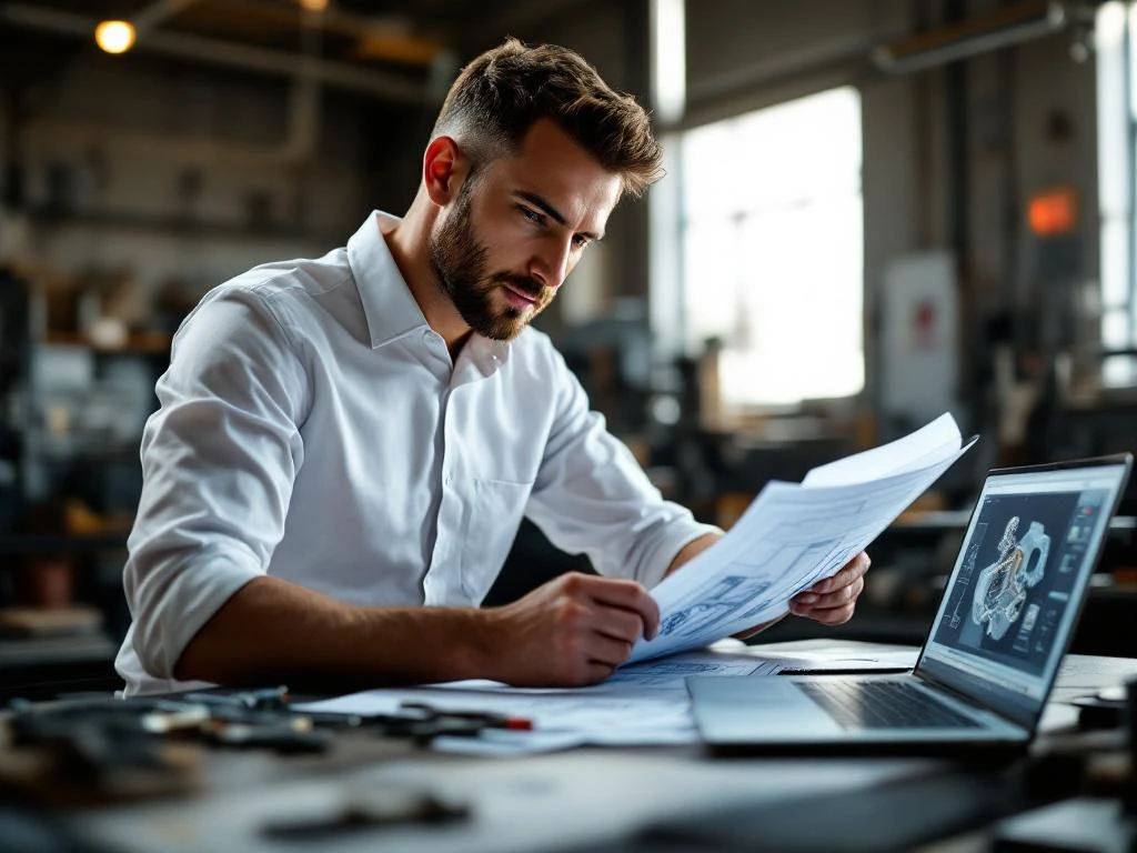 Mechanisch ingenieur bestudeert technische tekeningen aan werkbank met meetinstrumenten in industriële werkplaats