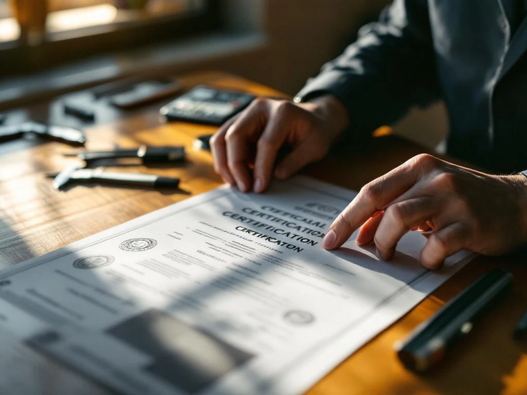 Professionele ingenieur bekijkt officieel certificaat met stempels op houten bureau naast technische gereedschappen