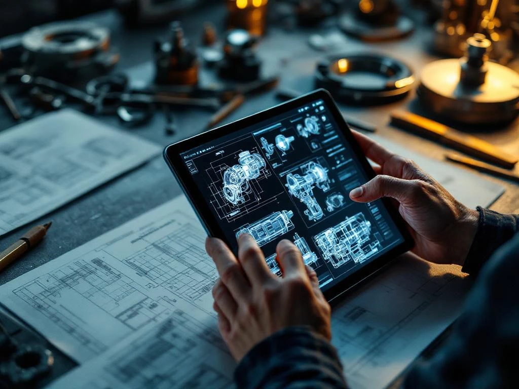 Ingenieur bedient tablet met 3D technische tekeningen boven werkbank met traditionele blauwdrukken en gereedschap