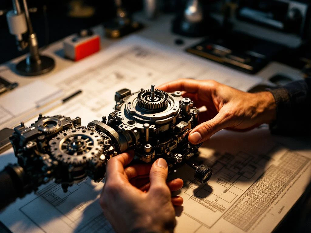 Mechanisch ingenieur past precisieonderdelen aan op werkbank met blauwdrukken en meetinstrumenten
