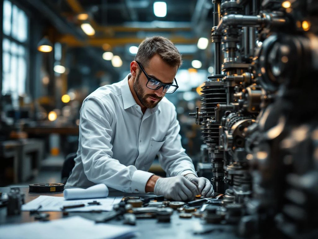 Professionele werktuigbouwkundige onderzoekt machinerie met tandwielen en zuigers in moderne industriële faciliteit