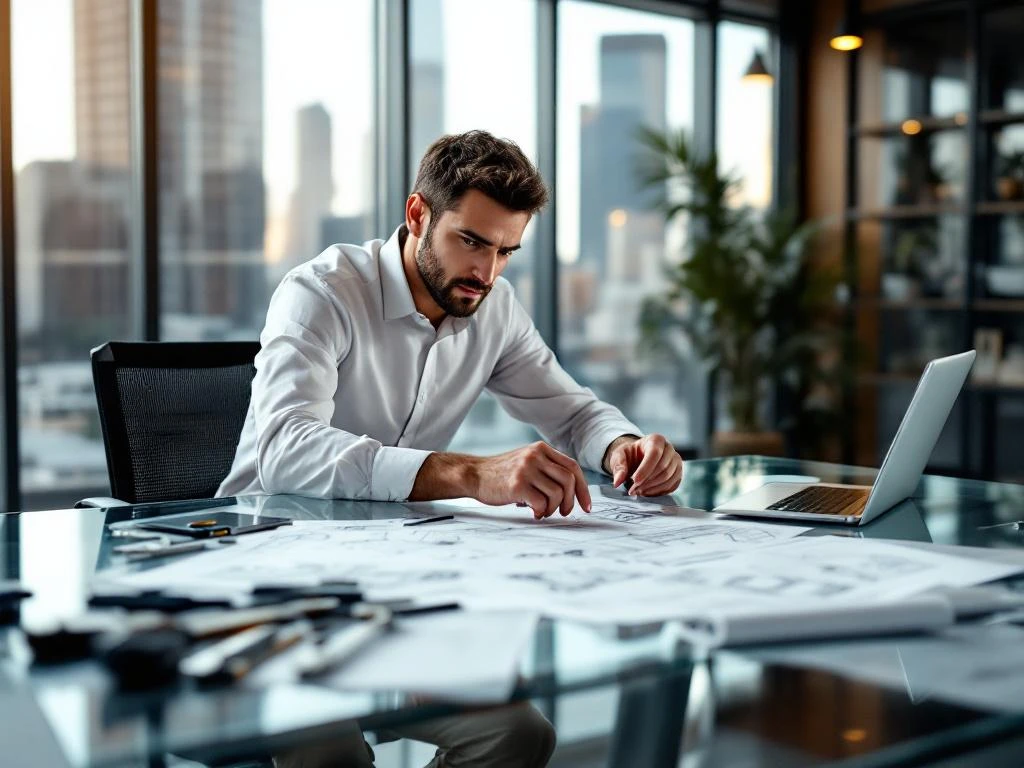 Zelfverzekerde werktuigbouwkundige bestudeert technische tekeningen aan glazen bureau met gereedschap in modern kantoor